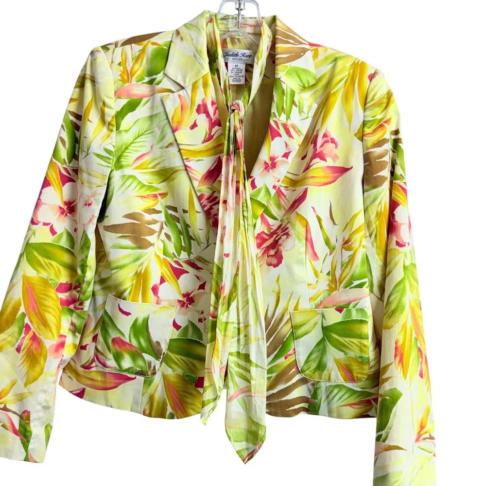 Judith Hart Petites Tropical Floral Blazer Jacket Yellow Green Pink Tie Neck 6P